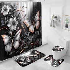 4 Pcs Black Floral Butterfly Shower Curtain Set with Non-Slip Rugs, White Gol...