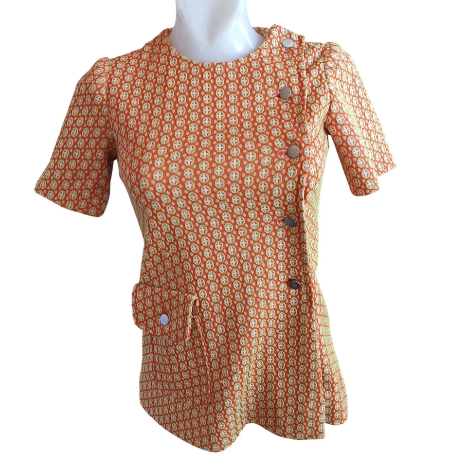 Túnica Top Para Mujer XS De Colección 1 De 1 Hecha a Mano Años 60 Naranja Tejido Geométrico Mod Niña Foto 2 de 4