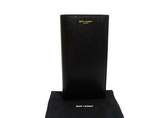 Authentic Saint Laurent YSL Black Leather Long Flap Wallet b243
