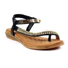 LUNAR-ASIA II | Ladies Gold Plated/Diamante Toe Loop Slingback Sandal Black 3/36