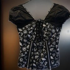 Black Lace Corset-Style Blouse Puff Sleeve Gothic Top Size Small