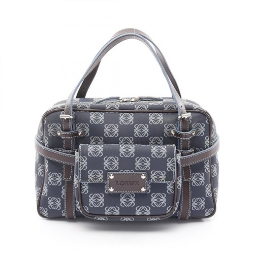 Loewe Repeat Anagram Handbag Navy Leather PVC Canvas Women Used Authentic