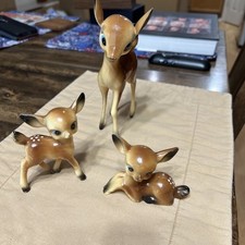 3 Vintage Hard Plastic Big Eyes Deer Family Baby Reindeer Fawn Figurine
