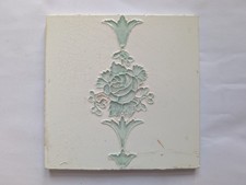 Antique Art Nouveau Relief Tile c.1905 - Stylized Tulip Motif - Emerald Majolica
