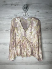 DR2 Blouse Womens Large Pink Purple Floral Pleated Peplum Long Sleeve V Neck Top