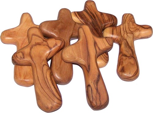 6 Large Handheld Olive Wood Holding Comfort Crosses with Bags and certificates