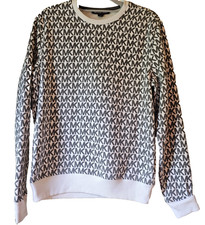 Michael Kors MK Logo Print Crewneck Pullover Sweater White Gray Knit Top Small