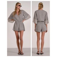 Elan Zina Ruffle Sleeve Romper Small Black Printed V Neck NWT Geometric