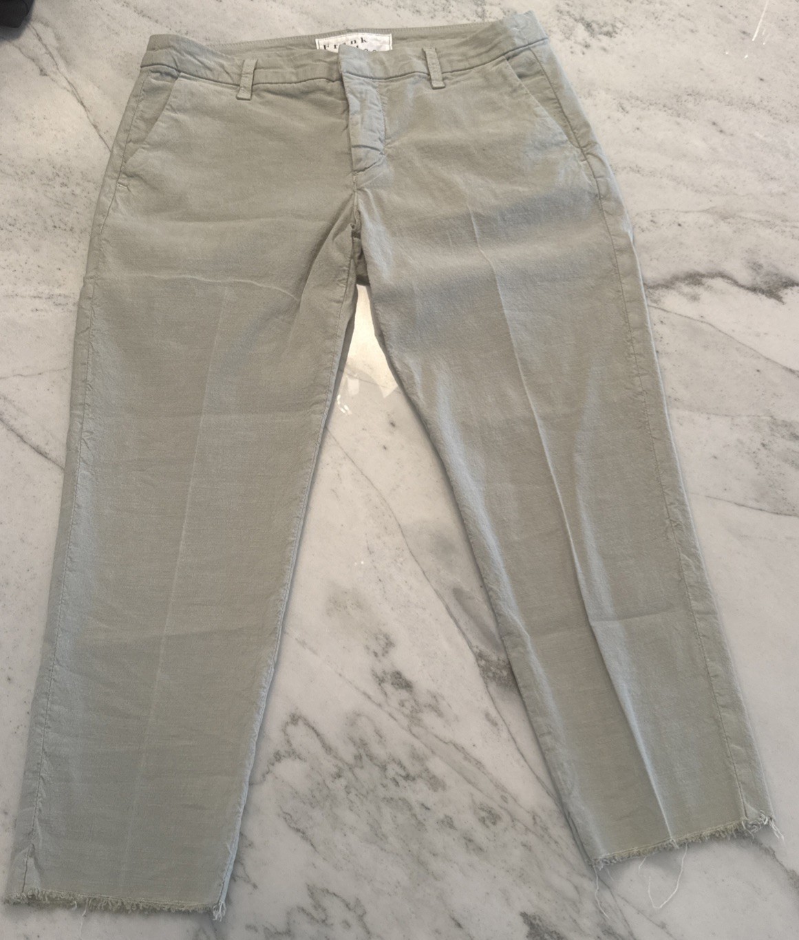 Frank & Eileen Wicklow Chino Flax Linen Trouser Pant in Green Raw Hem Size 8