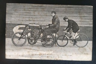 CPA CARTE POSTALE CYCLISME NOS STAYERS BRUNI ENTRAÎNEUR ENTRAÎNÉ PAR REMERS
