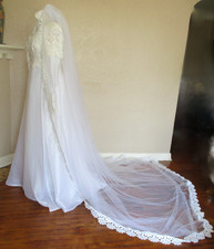 Vtg 70s Crochet Organza White Wedding Dress Long Bishop Sleeve Cathedral Veil M