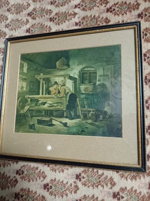 Vintage Framed Print Weaving Loom Dutch Style D.G. Tiller Hampshire 32x29cm