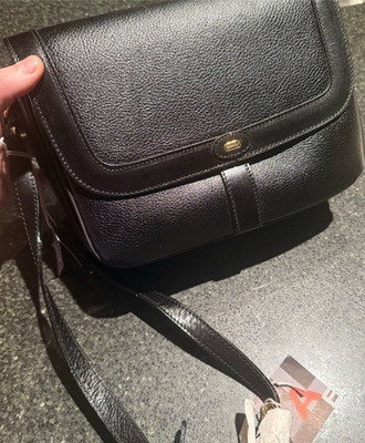 Vintage Italian Bally w Tags Black Pebbled Leather Crossbody Bag Purse Gold New