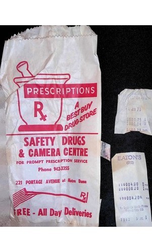 Safety Drugs Camera Centre Paper Bag Receipts South Bend IN 1970 - Picture 1 of 5