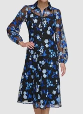 Kensie Womens Blue Embroidered-Floral Mesh Fit-&-Flare Shirt Dress Size 0