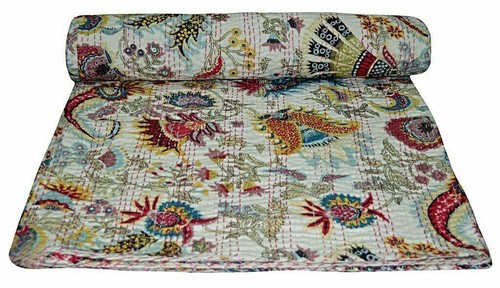Reversible Floral Kantha Quilt Multicoloured Queen Blanket Bohemian Bed Runner - Picture 2 of 6
