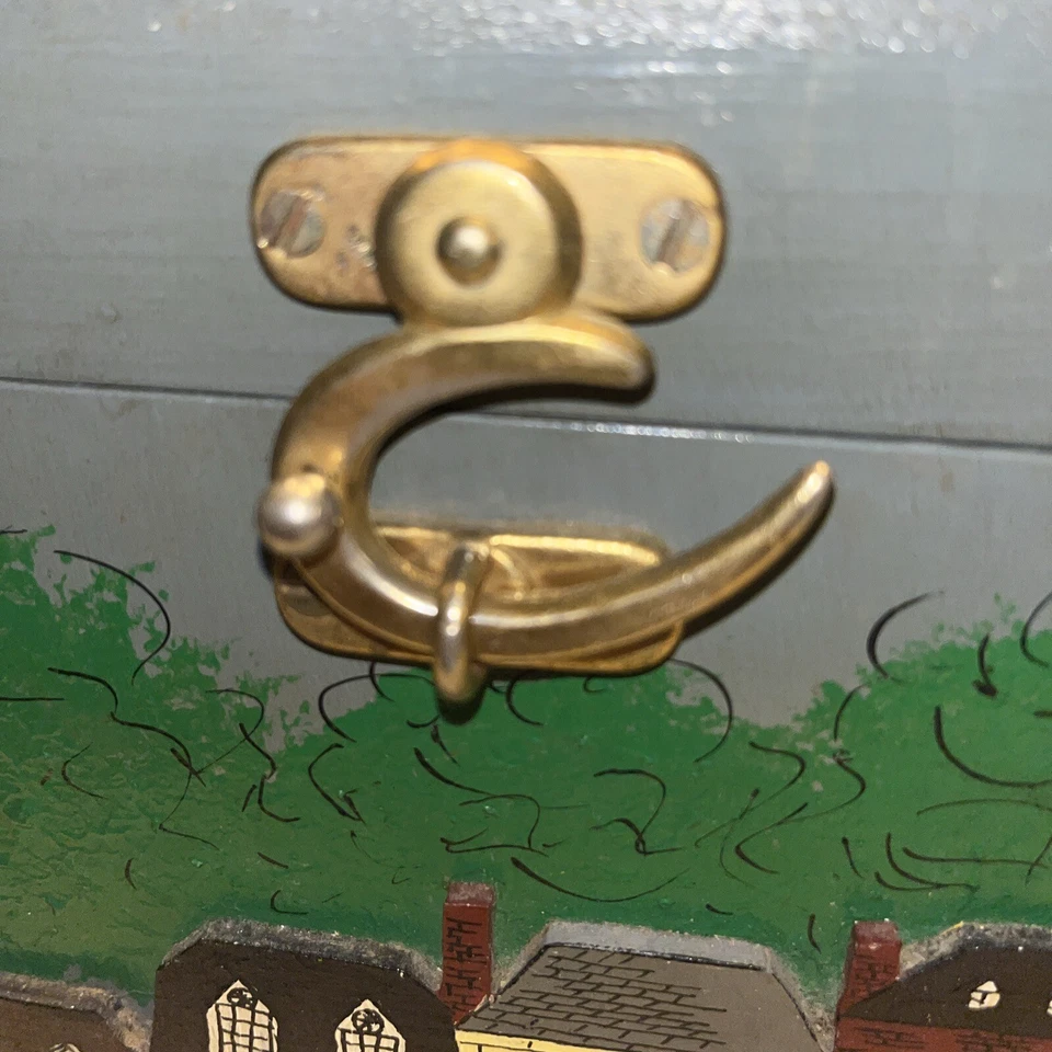 Cartera caja de madera 3D pintada a mano vintage escena de ciudad, mango de bacalita forro dorado Foto 4 de 4