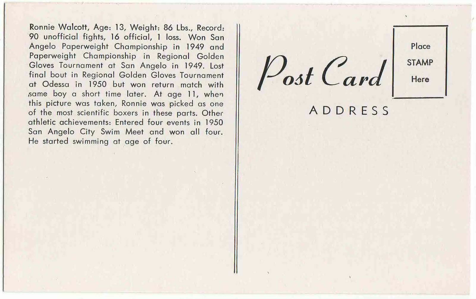 Ronnie Walcott, Golden Gloves Paperweight Boxer, San Angelo, Texas 1950