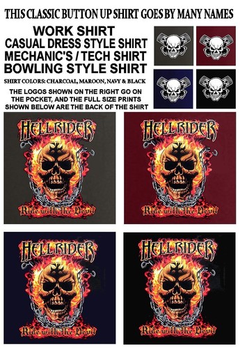 HELLRIDER RIDE WITH DEVIL BIKER MOTORCYCLE RIDER SKULL MECHANIC TECH WORK SHIRT - Picture 3 of 3