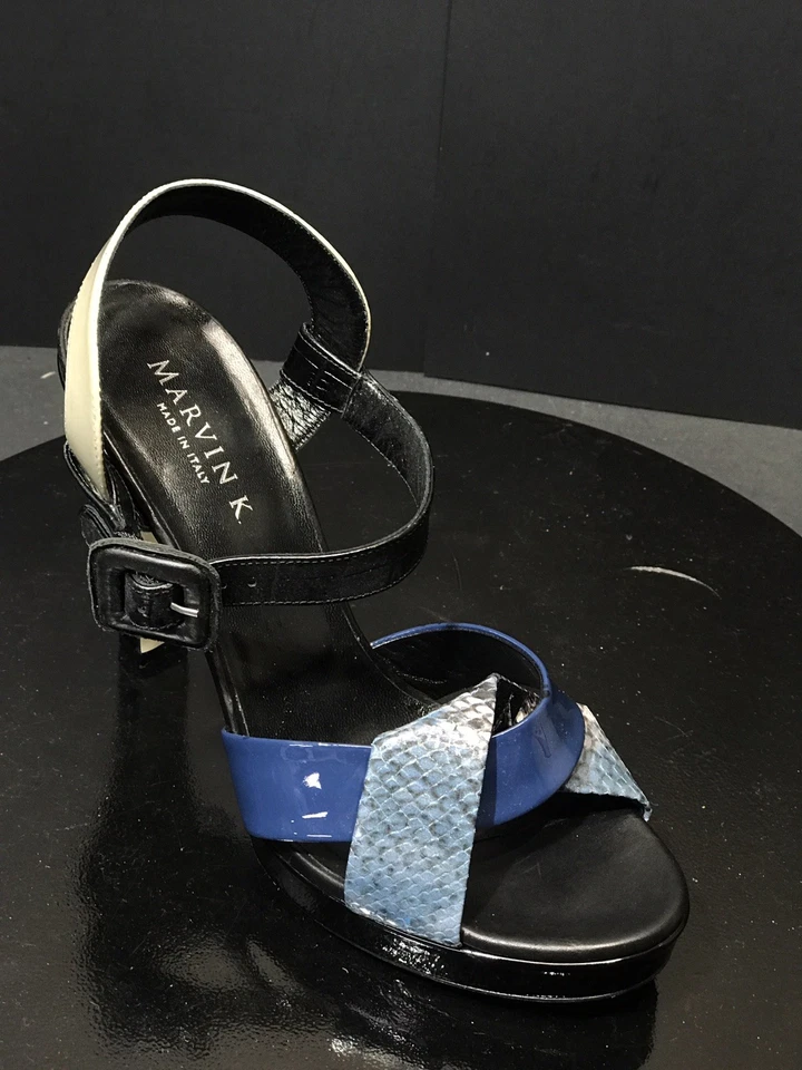 Nuevas sandalias de cuero Marvin K para mujer negras/azules con correa de serpiente talla US 9,5 M Italia Foto 2 de 4