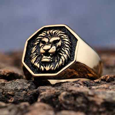 Mens Gold Plated Stainless Steel Lion Head of Judah Ring Men Size