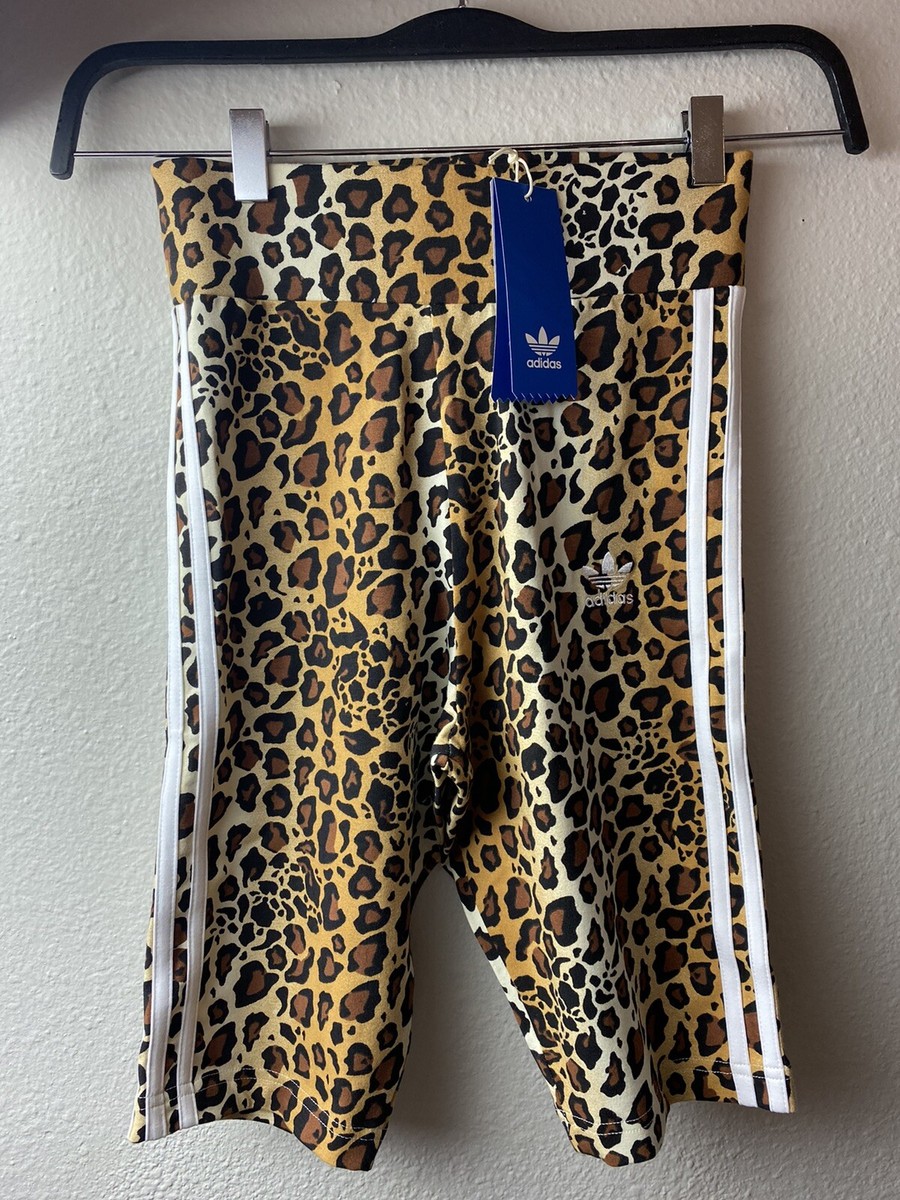 NWT Adidas Leopard 3-Stripe Biker Shorts Size XS Brown White