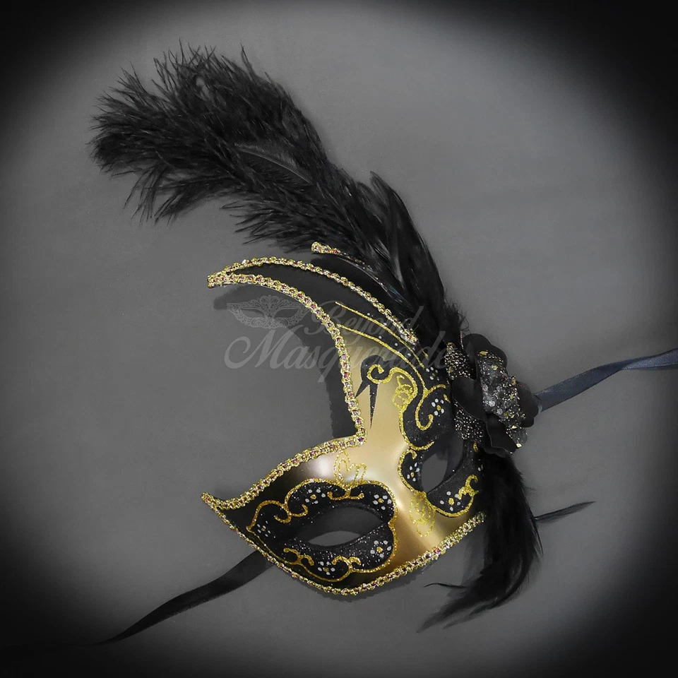 Feather Venetian Mardi Gras Masquerade Mask for Women Gold Black M6131 - Image 2 of 4