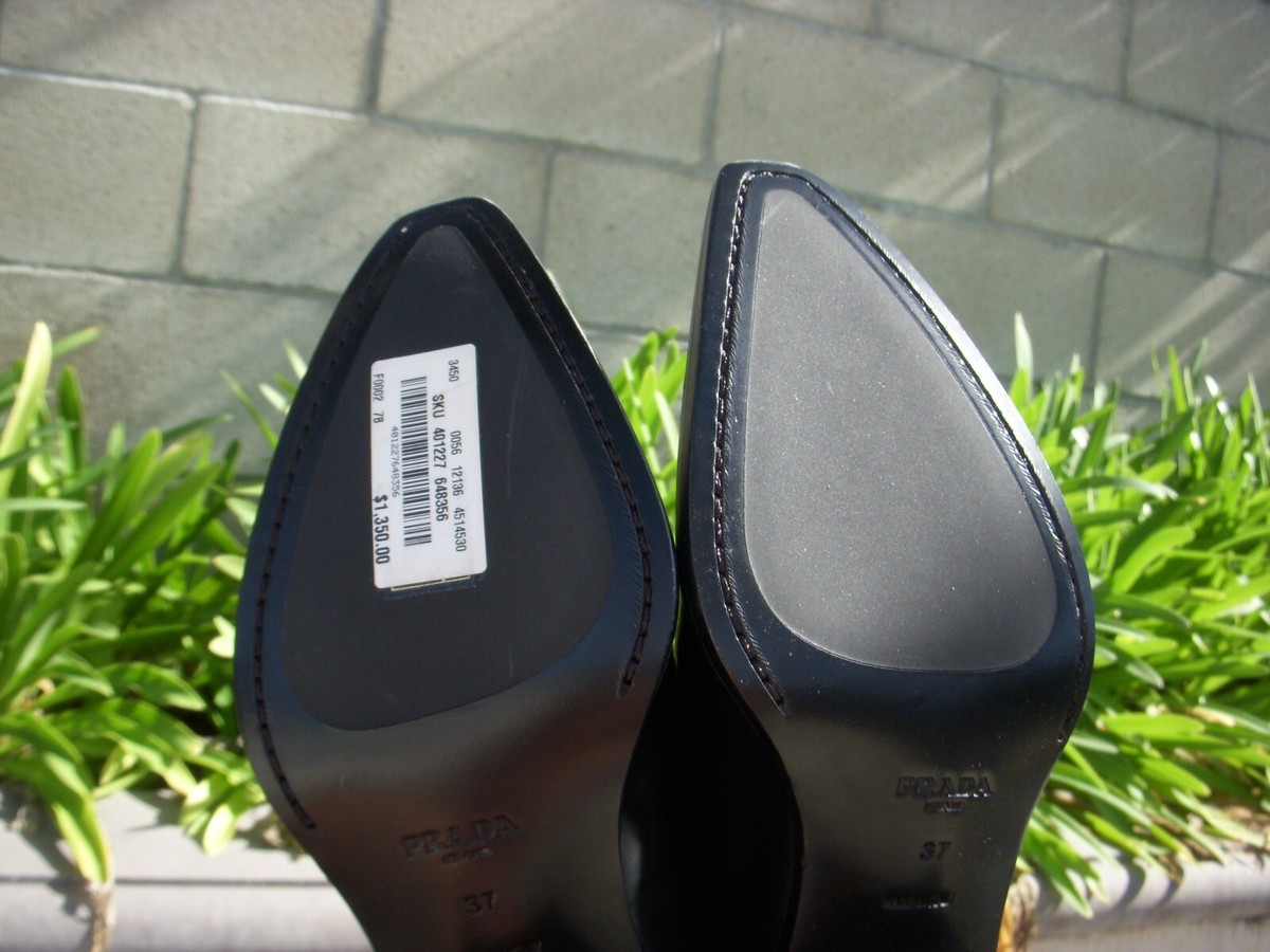 Prada Chunky Heel Pointed Toe Mules Black Leather Logo Wmn 37 MSRP