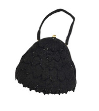 Vintage 1950s Walborg Beaded Purse Leaf Feather Black 7x7 Japan Excellent