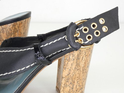 Kurt Geiger Sandals Cork Block Heels Black Leather Wide Strap Buckle Size 39 UK6 - Picture 9 of 19