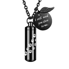 Cylinder Cremation Jewelry Urn Necklace for Ashes non-engraving Paw Black-M