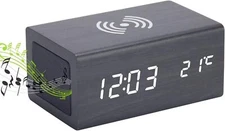 WOOD SHOW Table Clock Alarm Clock with Speaker Thermometer Rechargeable Clock