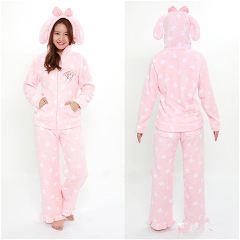 My MELODY Ropa de dormir de felpa Invierno Ropa para el hogar Traje con capucha Coral Terciopelo Abrigo Pantalones