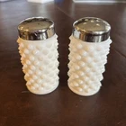 Vintage Fenton Hobnail Salt And Pepper Shakers White Milk Glass Stainless Lids