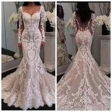 Classic Lace Mermaid Wedding Dress Round Neck Palace Train Decal Bridal Gown