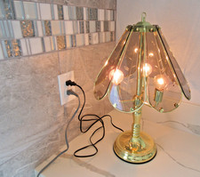 VTG Brass Touch Table Lamp Smoked Glass 8 Panel Shade 3-Bulb 20" Tall Works