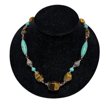Faux Turquoise and Tiger Eye Bead Necklace Silver Tone Metal 18" EUC
