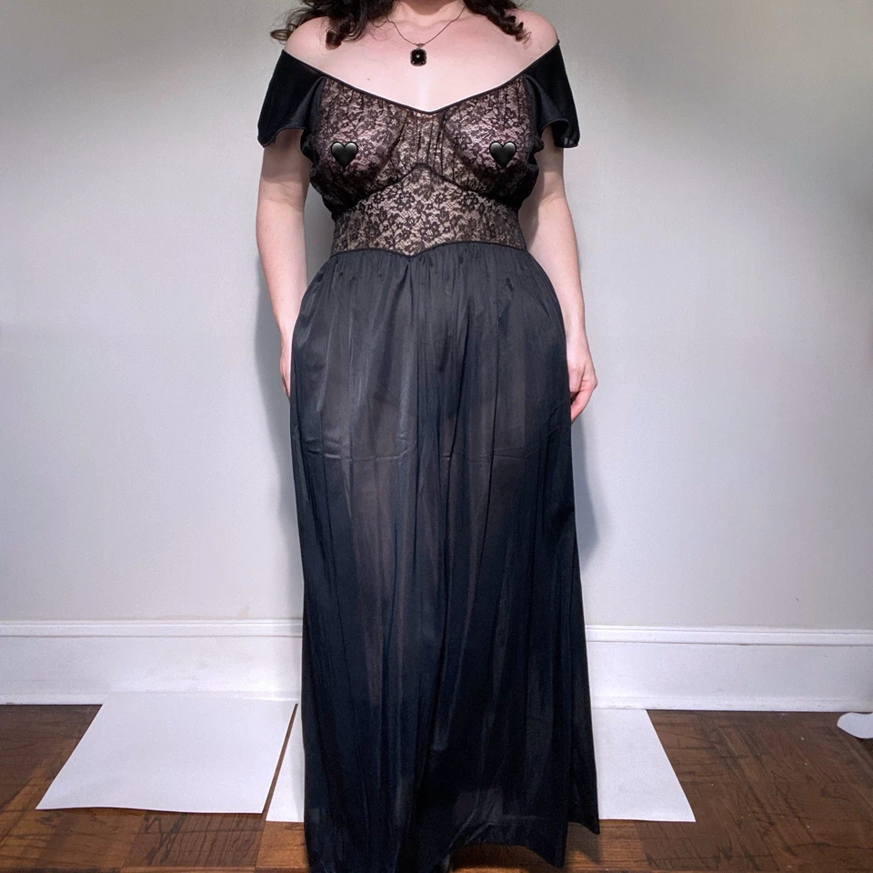 Maxi Vestido Sin Mangas Vintage Años 50 “Van Raalte” Negro Encaje Transparente Corte Sesgado Talla M Foto 2 de 4