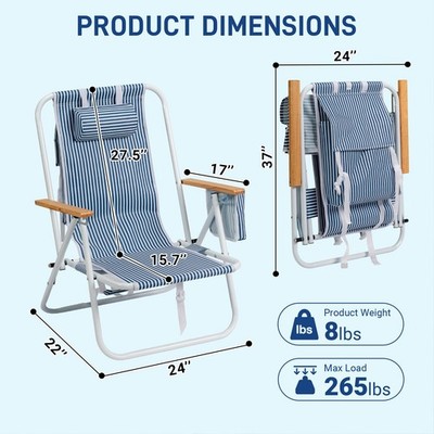 4-Position Adjustable Backpack Foldable Beach Chair Rustproof Aluminum Frame