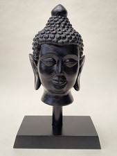 Thai Buddha Head Statue on Plinth Spiritual Decorative Figurine 20cm High