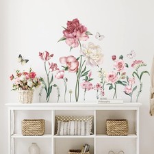 wondever Pink Peony Rose Floral Wall Stickers Garden Flower Peel and Stick Wa...