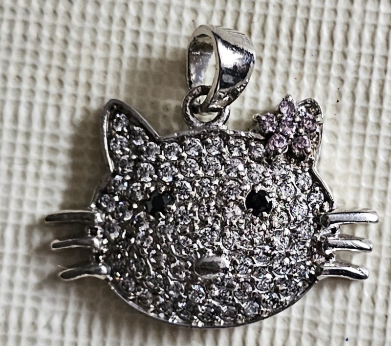 Sterling Silver (925) Cat (with Whiskers)  Pendant with Simulated Diamonds