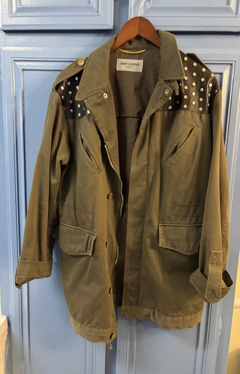 YSL Saint Laurent Military Olive Green Lambskin Leather Studded
