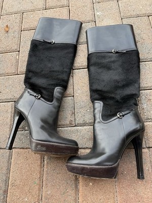 Gucci by Tom Ford Black Pony Hair High Heeled Platform Boots,Sz 6.5 
