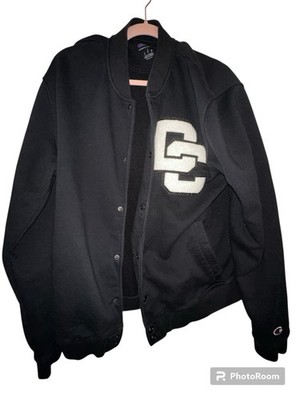 Champion Varsity Jacket Black Snap Stand-Up Collar Logo Embroidered Men's L