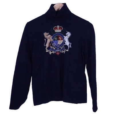 Vtg Ralph Lauren Crest Intarsia Cashmere Wool Sweater Lion Unicorn Navy Sz P / S