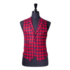 Mens Vest 40R Red Blue Plaid Check Wool Waistcoat Medium Formal Wedding Party