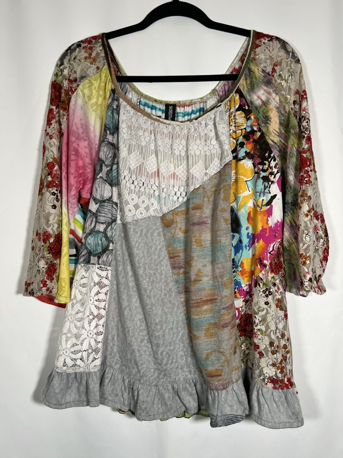 Sacred Threads Patchwork Peasant Top with Bell Sl… - image 1