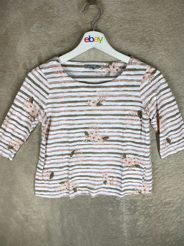yarra trail Casual T-Shirts Tee Top Size XS Womens Pink White Striped 3/4 Sleeve