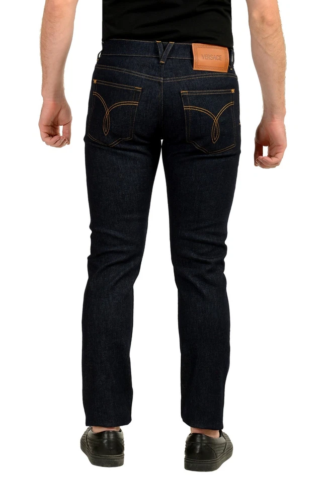 Jeans Versace masculino azul escuro lavagem ouro logotipo medusa perna reta EUA 31 IT 47 - Imagem 3 de 4